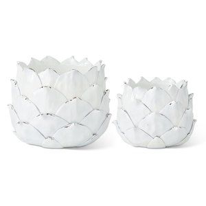 SET OF 2 WHITE RESIN ARTICHOKE PLANTERS
